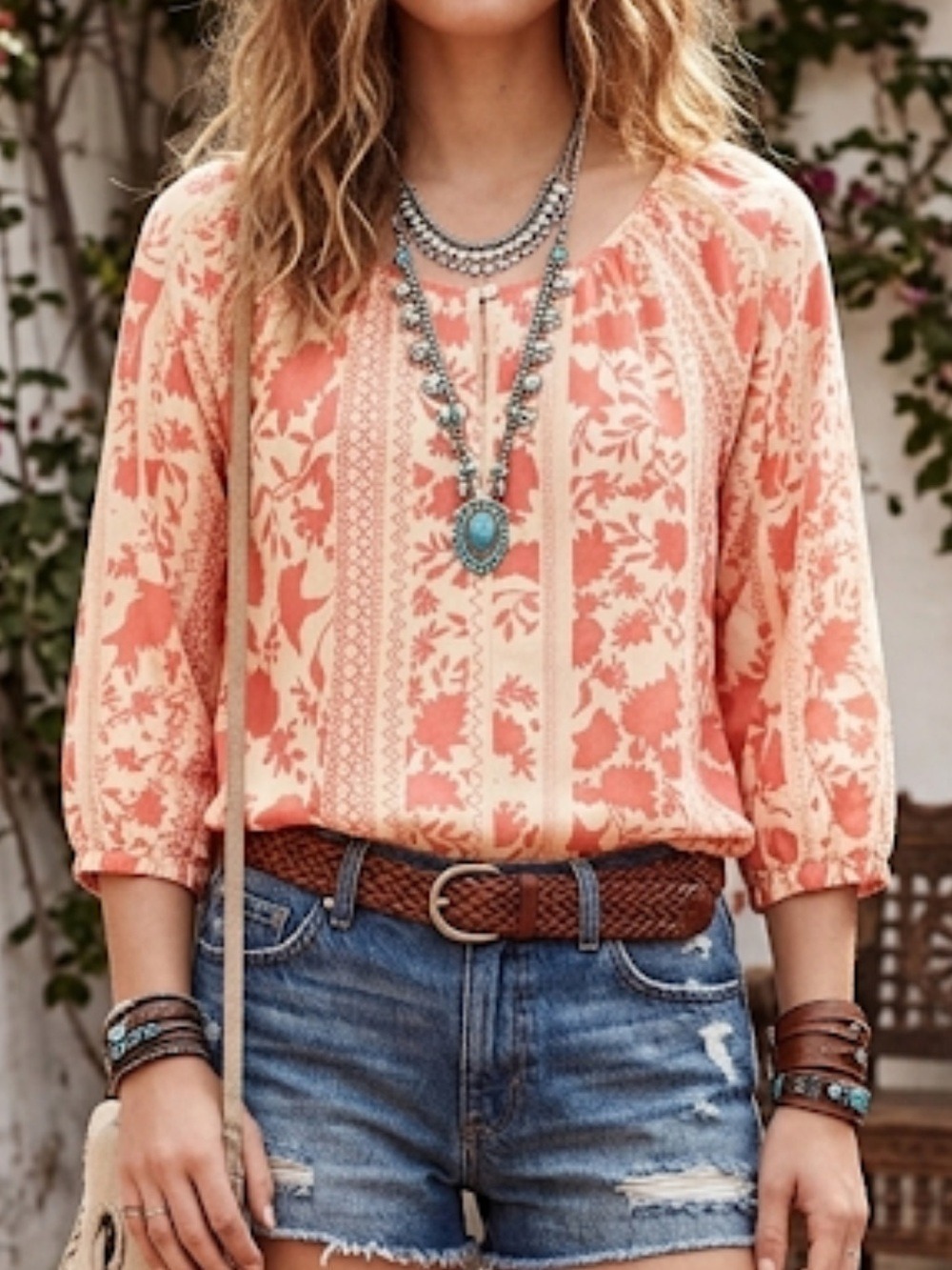 Gap Coral Floral Peasant Blouse Cream Boho 3/4 Sleeve Top Large